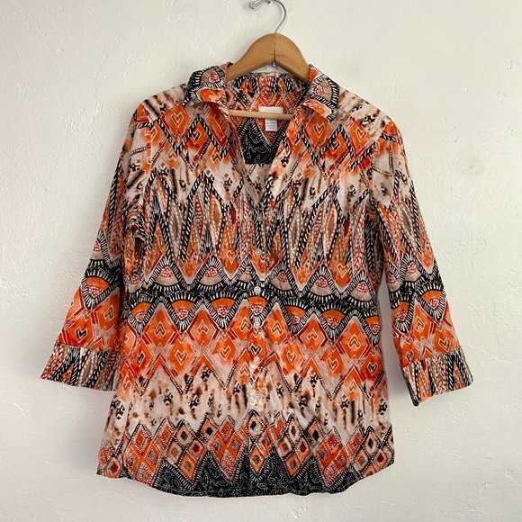 Chicos 1 Batik Top Women Size Medium Button Down Cotton Blouse Orange Black - Picture 1 of 12